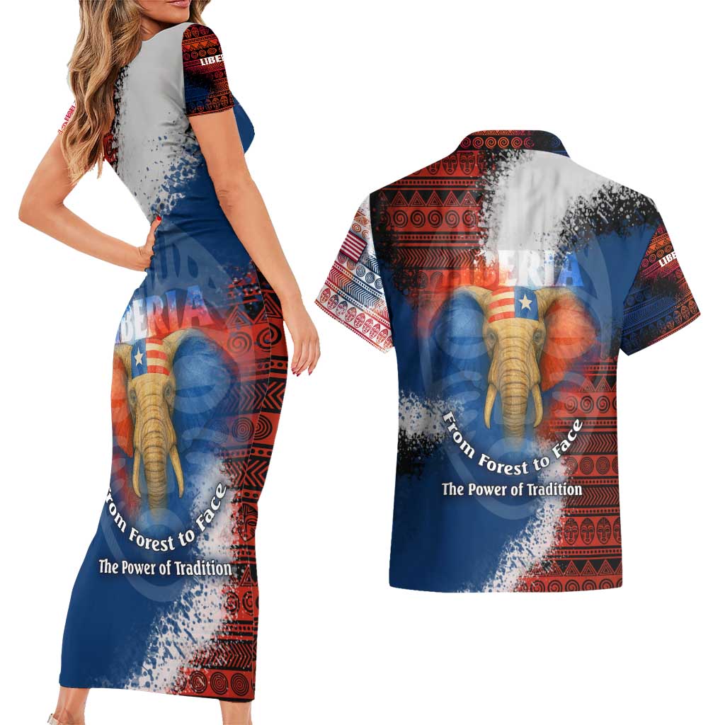 Liberia Elephant Power of Tradition Couples Matching Short Sleeve Bodycon Dress and Hawaiian Shirt with Tribal Red Blue Splash Pattern