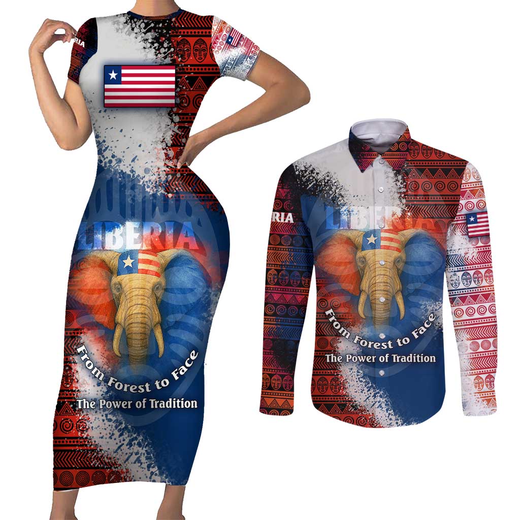 Liberia Elephant Power of Tradition Couples Matching Short Sleeve Bodycon Dress and Long Sleeve Button Shirt with Tribal Red Blue Splash Pattern