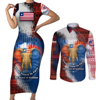 Liberia Elephant Power of Tradition Couples Matching Short Sleeve Bodycon Dress and Long Sleeve Button Shirt with Tribal Red Blue Splash Pattern