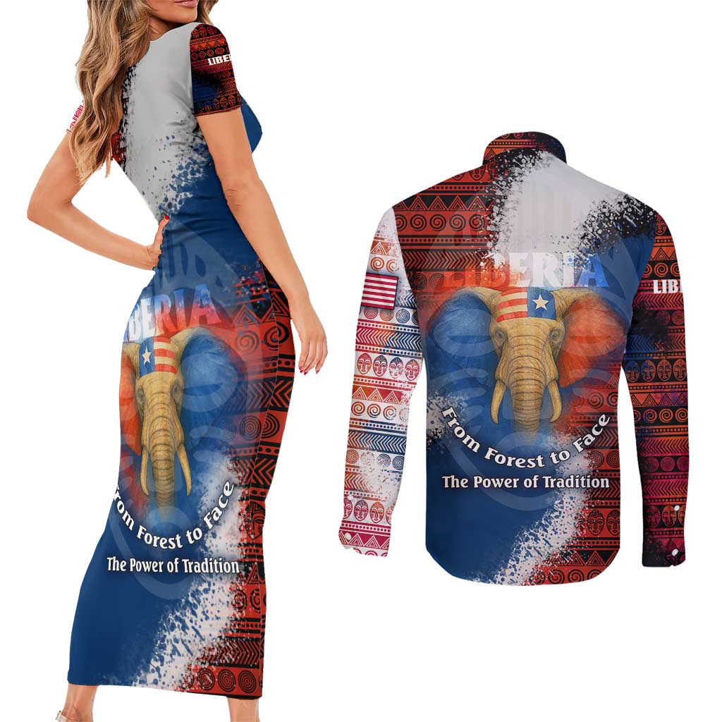Liberia Elephant Power of Tradition Couples Matching Short Sleeve Bodycon Dress and Long Sleeve Button Shirt with Tribal Red Blue Splash Pattern
