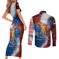 Liberia Elephant Power of Tradition Couples Matching Short Sleeve Bodycon Dress and Long Sleeve Button Shirt with Tribal Red Blue Splash Pattern