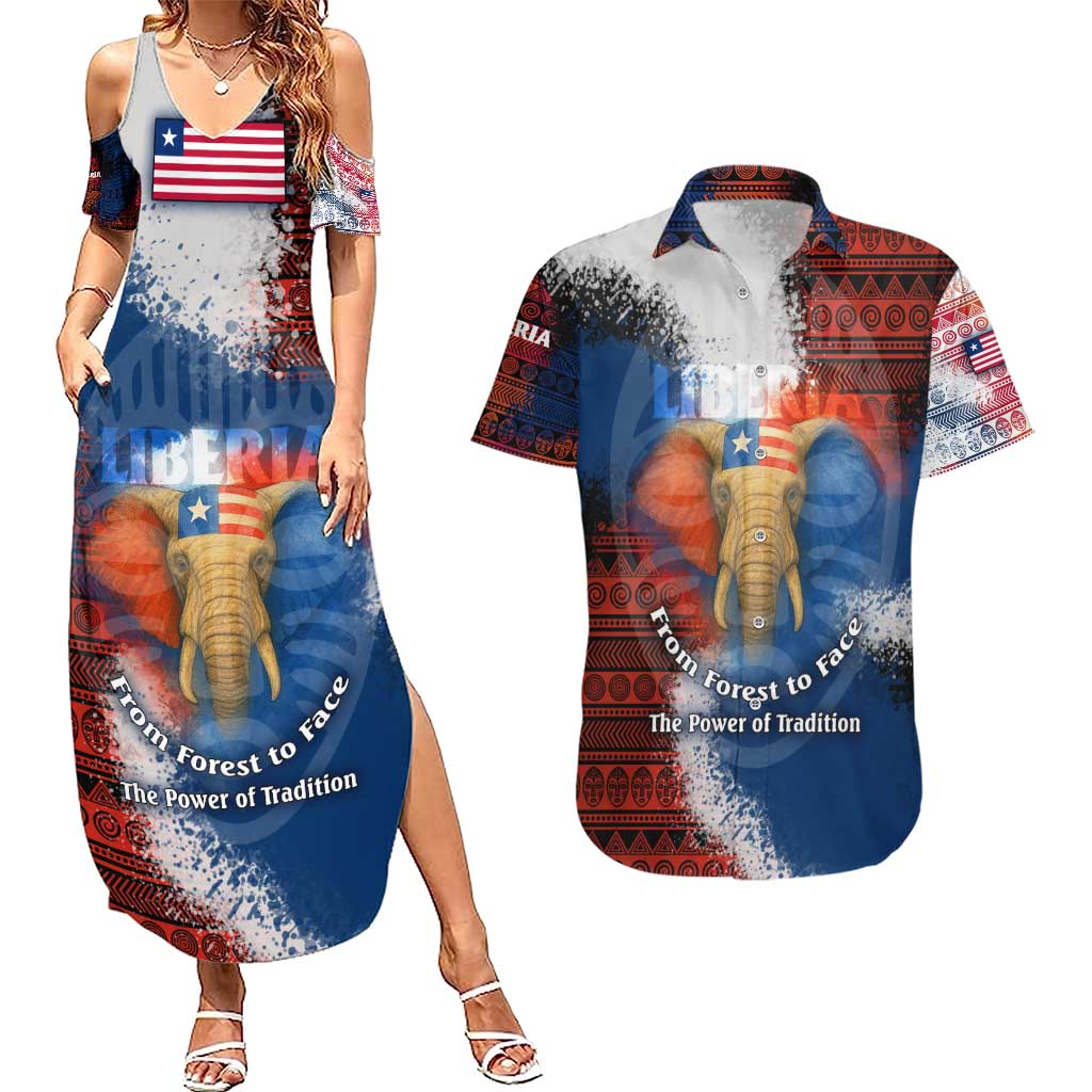 Liberia Elephant Power of Tradition Couples Matching Summer Maxi Dress and Hawaiian Shirt with Tribal Red Blue Splash Pattern