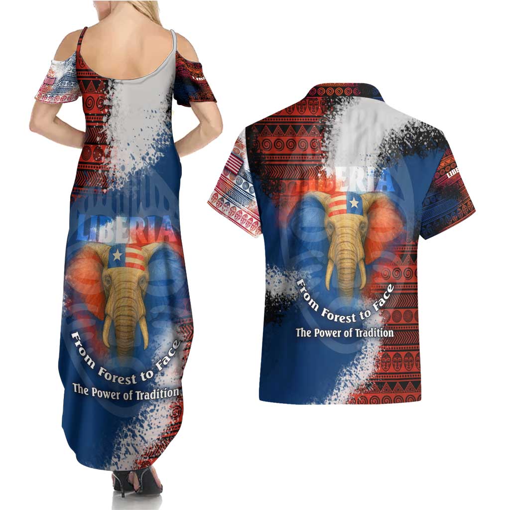Liberia Elephant Power of Tradition Couples Matching Summer Maxi Dress and Hawaiian Shirt with Tribal Red Blue Splash Pattern