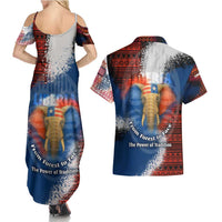 Liberia Elephant Power of Tradition Couples Matching Summer Maxi Dress and Hawaiian Shirt with Tribal Red Blue Splash Pattern