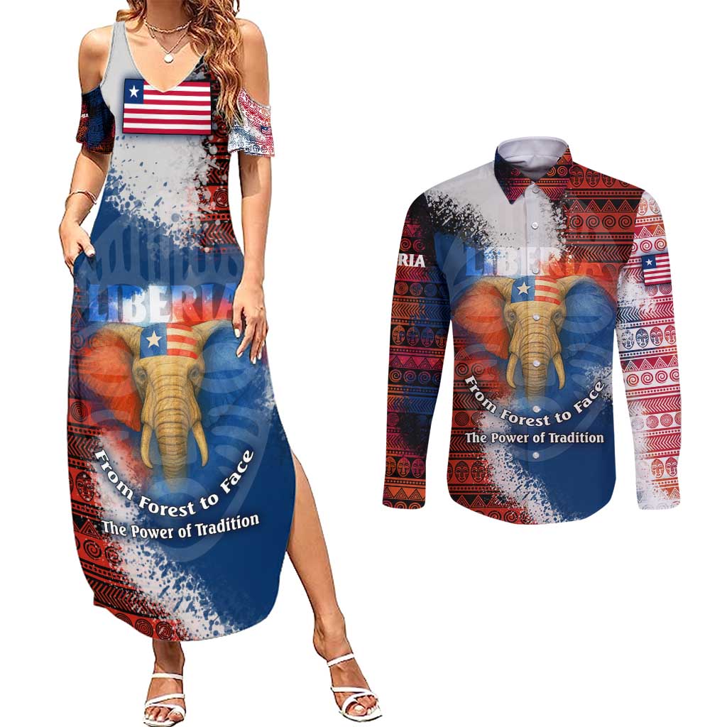 Liberia Elephant Power of Tradition Couples Matching Summer Maxi Dress and Long Sleeve Button Shirt with Tribal Red Blue Splash Pattern