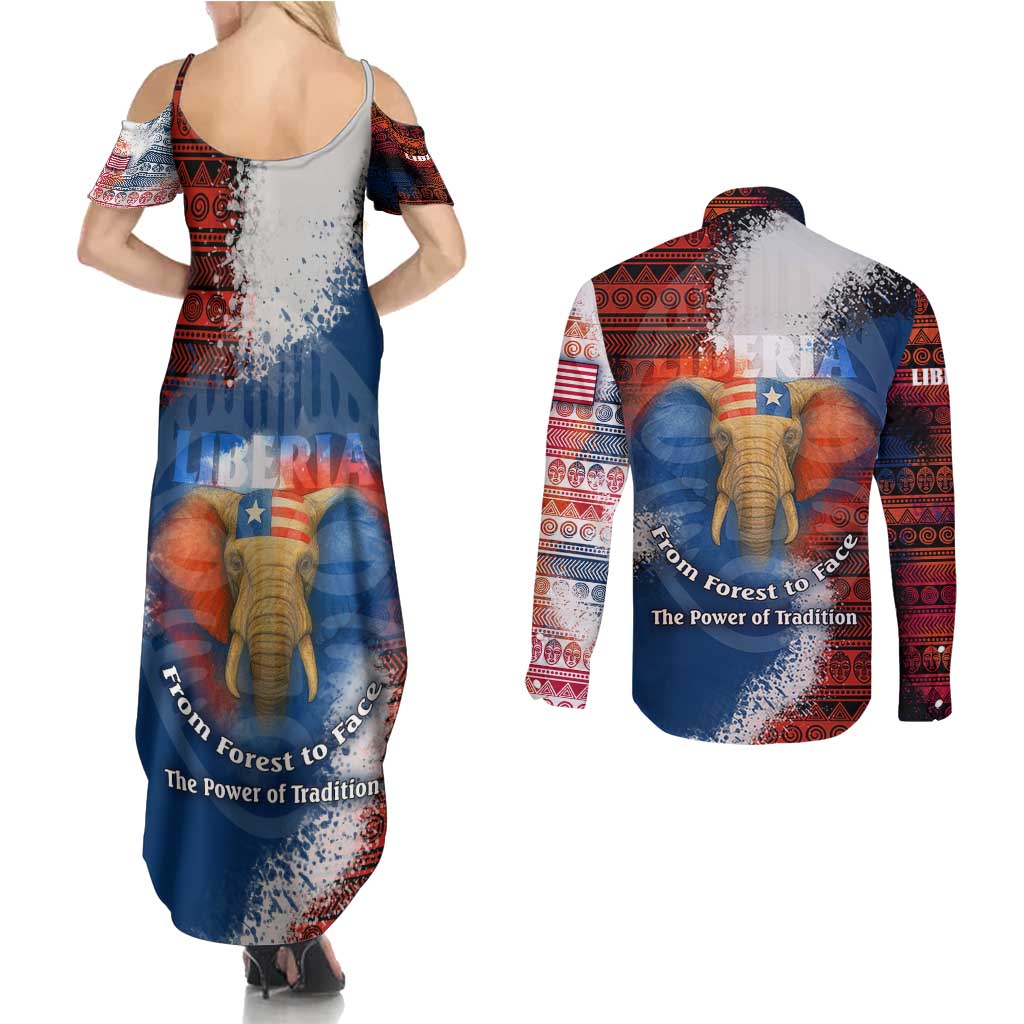 Liberia Elephant Power of Tradition Couples Matching Summer Maxi Dress and Long Sleeve Button Shirt with Tribal Red Blue Splash Pattern
