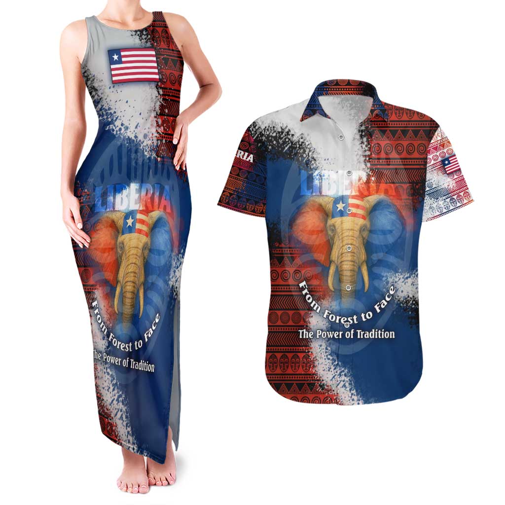 Liberia Elephant Power of Tradition Couples Matching Tank Maxi Dress and Hawaiian Shirt with Tribal Red Blue Splash Pattern