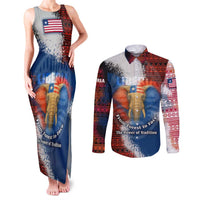 Liberia Elephant Power of Tradition Couples Matching Tank Maxi Dress and Long Sleeve Button Shirt with Tribal Red Blue Splash Pattern