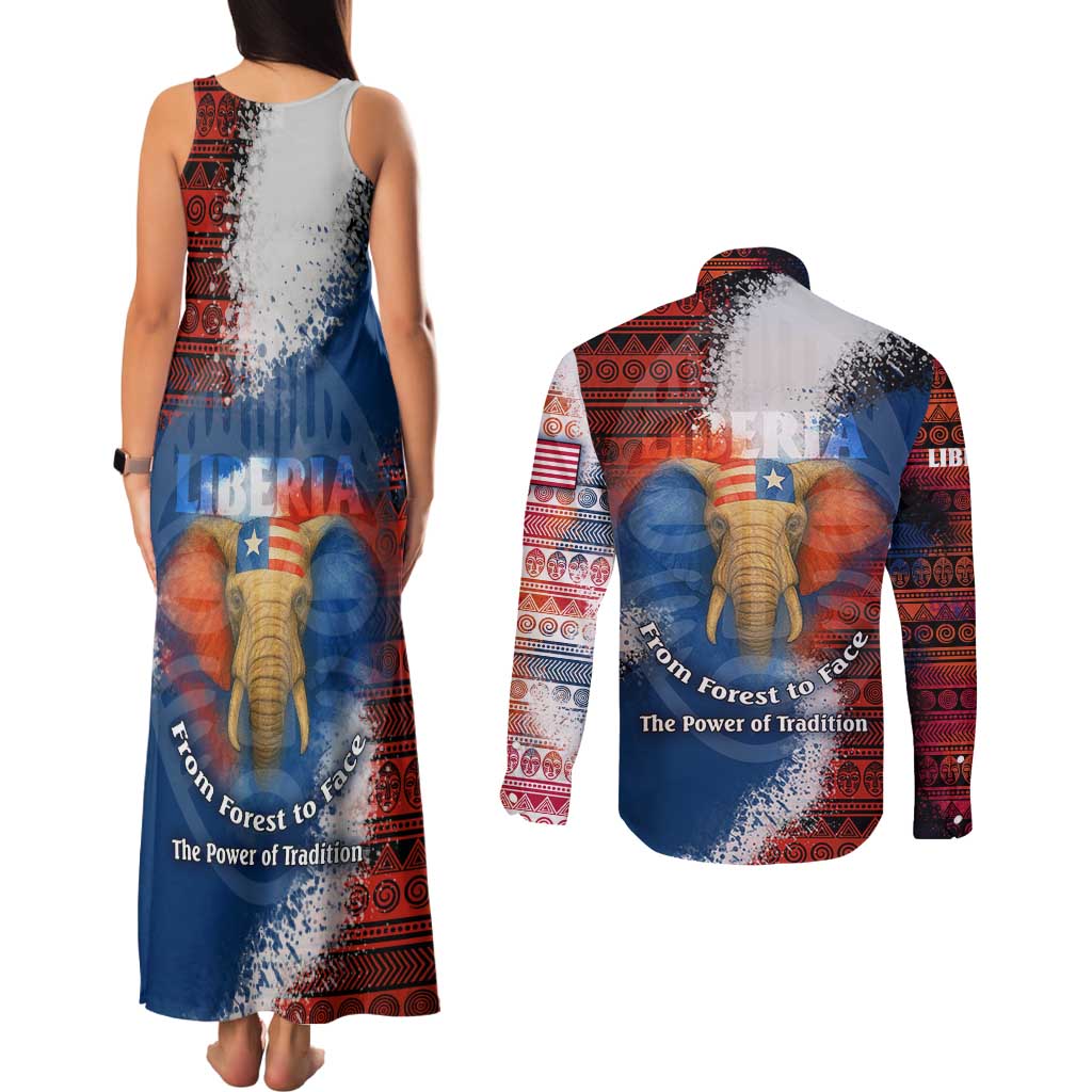 Liberia Elephant Power of Tradition Couples Matching Tank Maxi Dress and Long Sleeve Button Shirt with Tribal Red Blue Splash Pattern