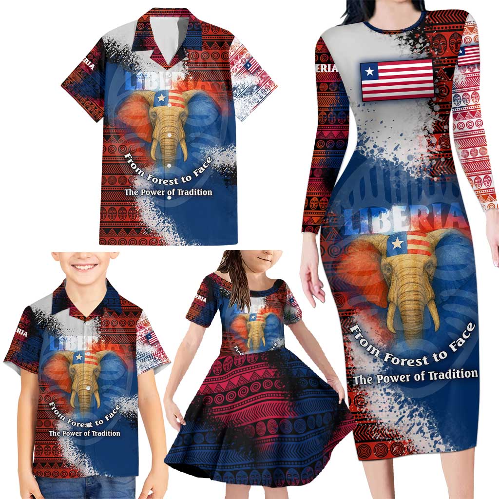Liberia Elephant Power of Tradition Family Matching Long Sleeve Bodycon Dress and Hawaiian Shirt with Tribal Red Blue Splash Pattern