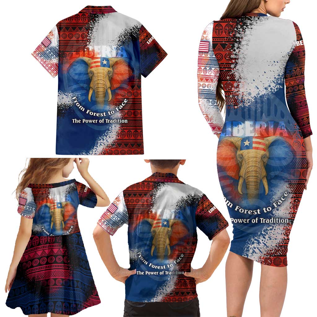 Liberia Elephant Power of Tradition Family Matching Long Sleeve Bodycon Dress and Hawaiian Shirt with Tribal Red Blue Splash Pattern