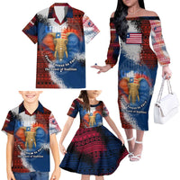 Liberia Elephant Power of Tradition Family Matching Off The Shoulder Long Sleeve Dress and Hawaiian Shirt with Tribal Red Blue Splash Pattern