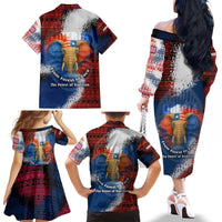 Liberia Elephant Power of Tradition Family Matching Off The Shoulder Long Sleeve Dress and Hawaiian Shirt with Tribal Red Blue Splash Pattern