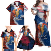 Liberia Elephant Power of Tradition Family Matching Off Shoulder Maxi Dress and Hawaiian Shirt with Tribal Red Blue Splash Pattern