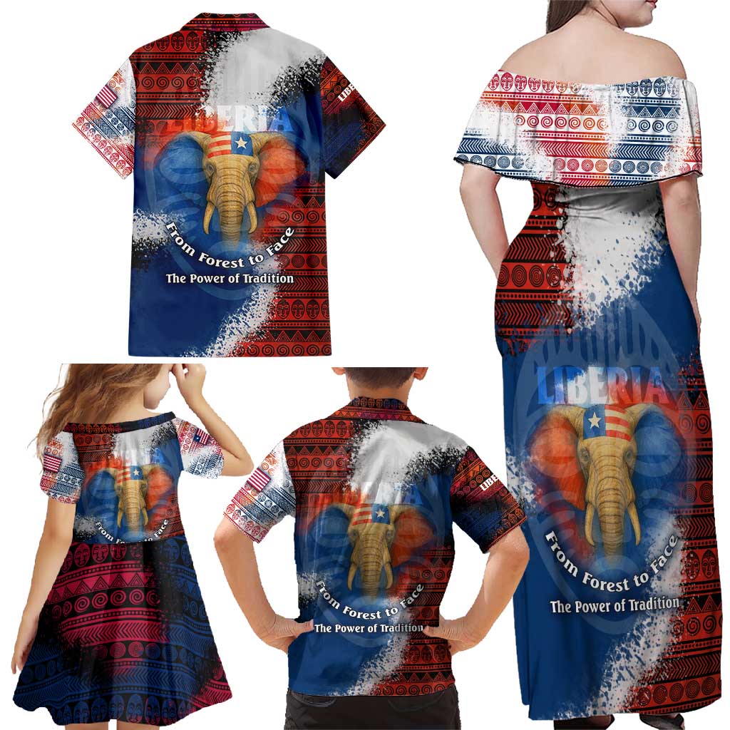 Liberia Elephant Power of Tradition Family Matching Off Shoulder Maxi Dress and Hawaiian Shirt with Tribal Red Blue Splash Pattern
