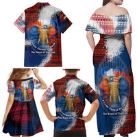Liberia Elephant Power of Tradition Family Matching Off Shoulder Maxi Dress and Hawaiian Shirt with Tribal Red Blue Splash Pattern