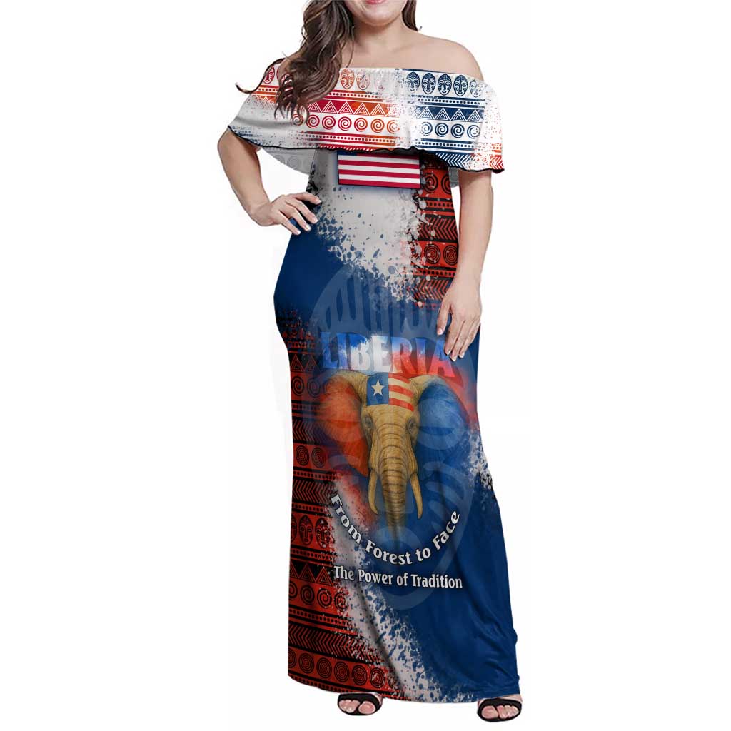 Liberia Elephant Power of Tradition Family Matching Off Shoulder Maxi Dress and Hawaiian Shirt with Tribal Red Blue Splash Pattern