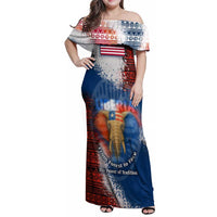 Liberia Elephant Power of Tradition Family Matching Off Shoulder Maxi Dress and Hawaiian Shirt with Tribal Red Blue Splash Pattern