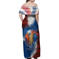 Liberia Elephant Power of Tradition Family Matching Off Shoulder Maxi Dress and Hawaiian Shirt with Tribal Red Blue Splash Pattern