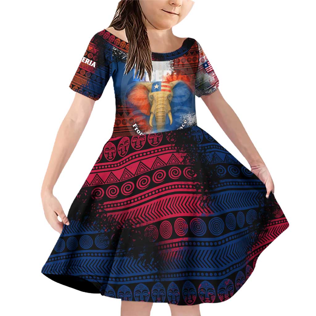 Liberia Elephant Power of Tradition Family Matching Off Shoulder Short Dress and Hawaiian Shirt with Tribal Red Blue Splash Pattern
