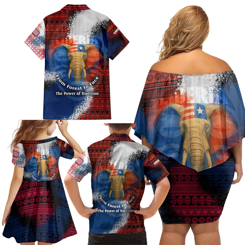 Liberia Elephant Power of Tradition Family Matching Off Shoulder Short Dress and Hawaiian Shirt with Tribal Red Blue Splash Pattern