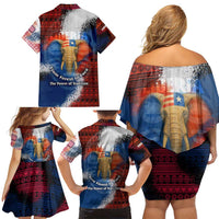 Liberia Elephant Power of Tradition Family Matching Off Shoulder Short Dress and Hawaiian Shirt with Tribal Red Blue Splash Pattern