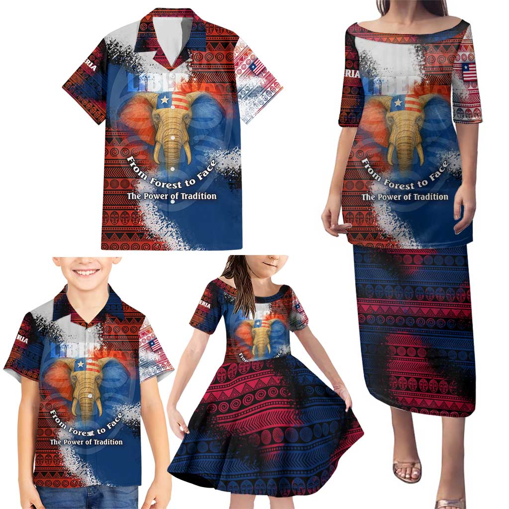 Liberia Elephant Power of Tradition Family Matching Puletasi and Hawaiian Shirt with Tribal Red Blue Splash Pattern