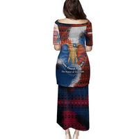 Liberia Elephant Power of Tradition Family Matching Puletasi and Hawaiian Shirt with Tribal Red Blue Splash Pattern