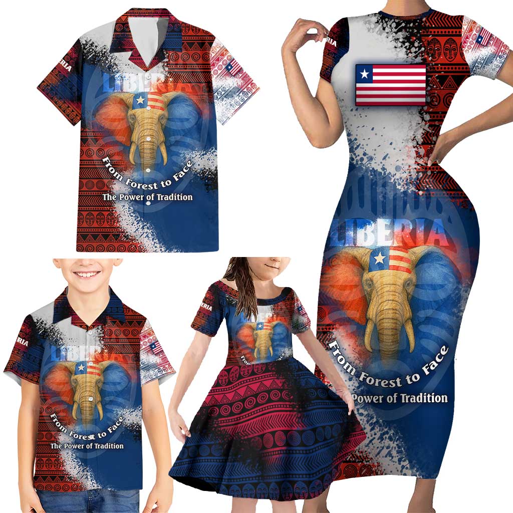 Liberia Elephant Power of Tradition Family Matching Short Sleeve Bodycon Dress and Hawaiian Shirt with Tribal Red Blue Splash Pattern