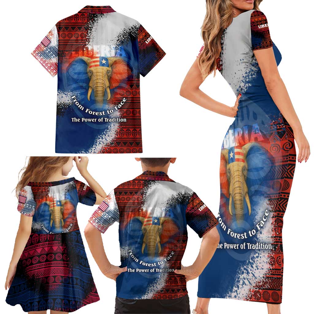 Liberia Elephant Power of Tradition Family Matching Short Sleeve Bodycon Dress and Hawaiian Shirt with Tribal Red Blue Splash Pattern