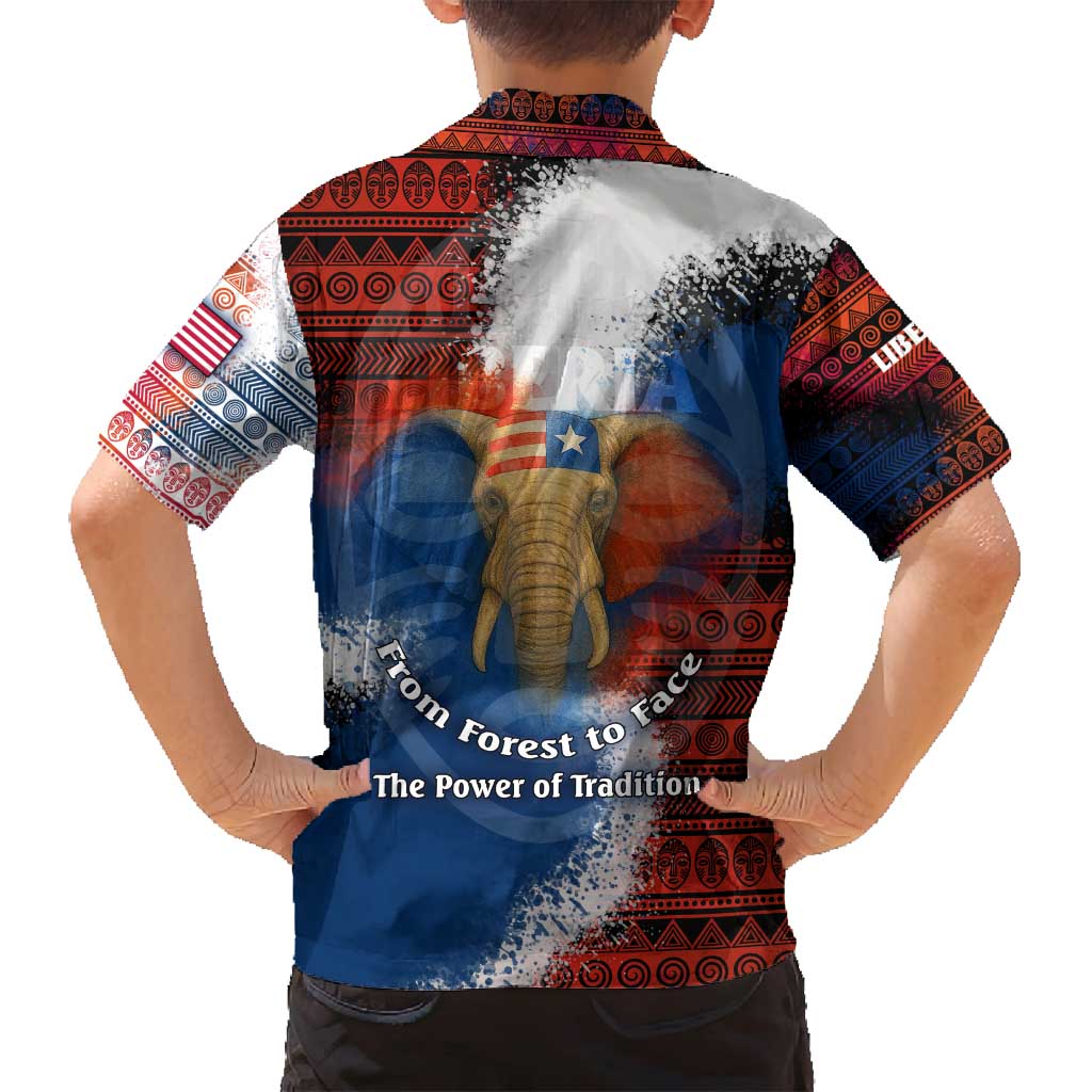 Liberia Elephant Power of Tradition Family Matching Summer Maxi Dress and Hawaiian Shirt with Tribal Red Blue Splash Pattern