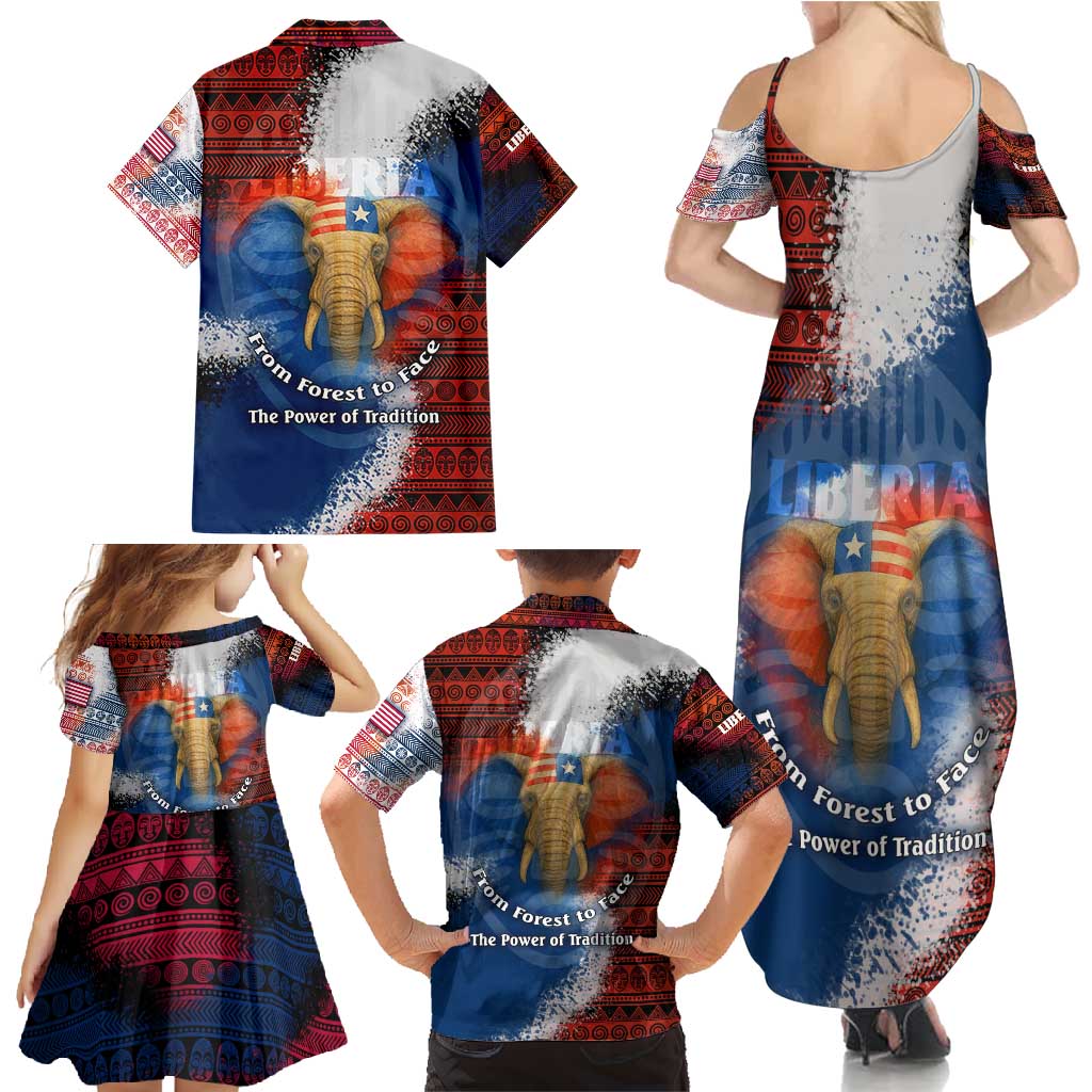 Liberia Elephant Power of Tradition Family Matching Summer Maxi Dress and Hawaiian Shirt with Tribal Red Blue Splash Pattern