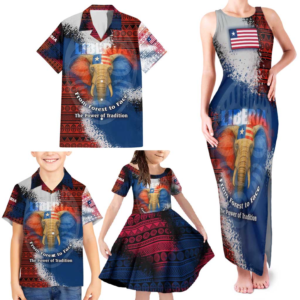 Liberia Elephant Power of Tradition Family Matching Tank Maxi Dress and Hawaiian Shirt with Tribal Red Blue Splash Pattern