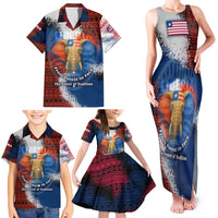 Liberia Elephant Power of Tradition Family Matching Tank Maxi Dress and Hawaiian Shirt with Tribal Red Blue Splash Pattern