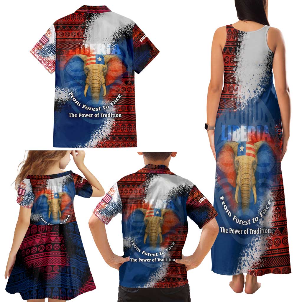 Liberia Elephant Power of Tradition Family Matching Tank Maxi Dress and Hawaiian Shirt with Tribal Red Blue Splash Pattern