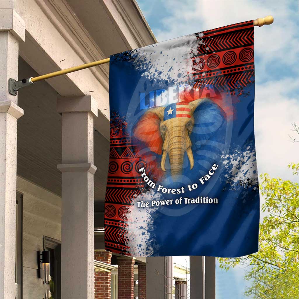 Liberia Elephant Power of Tradition Garden Flag with Tribal Red Blue Splash Pattern
