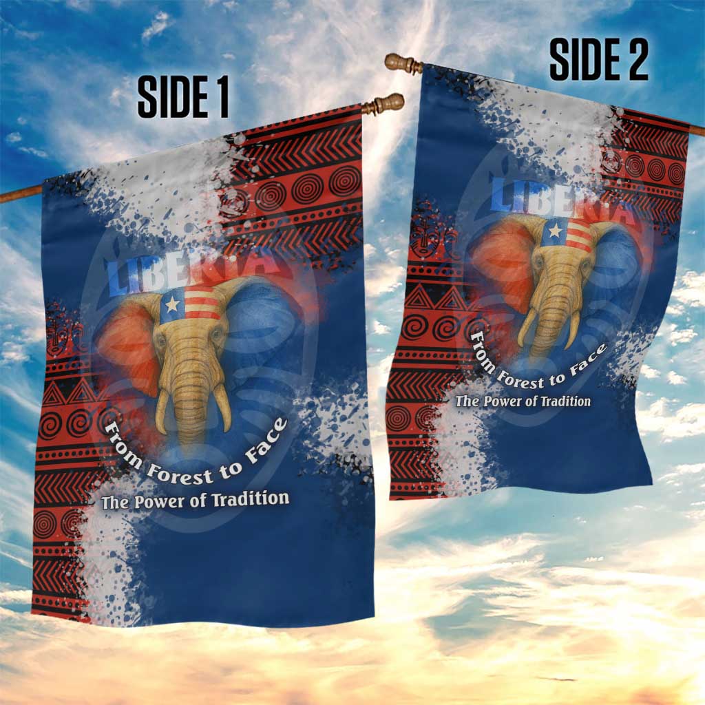 Liberia Elephant Power of Tradition Garden Flag with Tribal Red Blue Splash Pattern