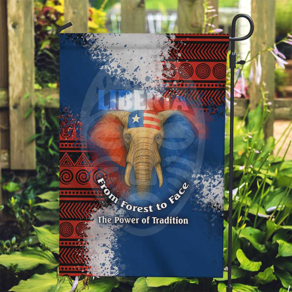 Liberia Elephant Power of Tradition Garden Flag with Tribal Red Blue Splash Pattern