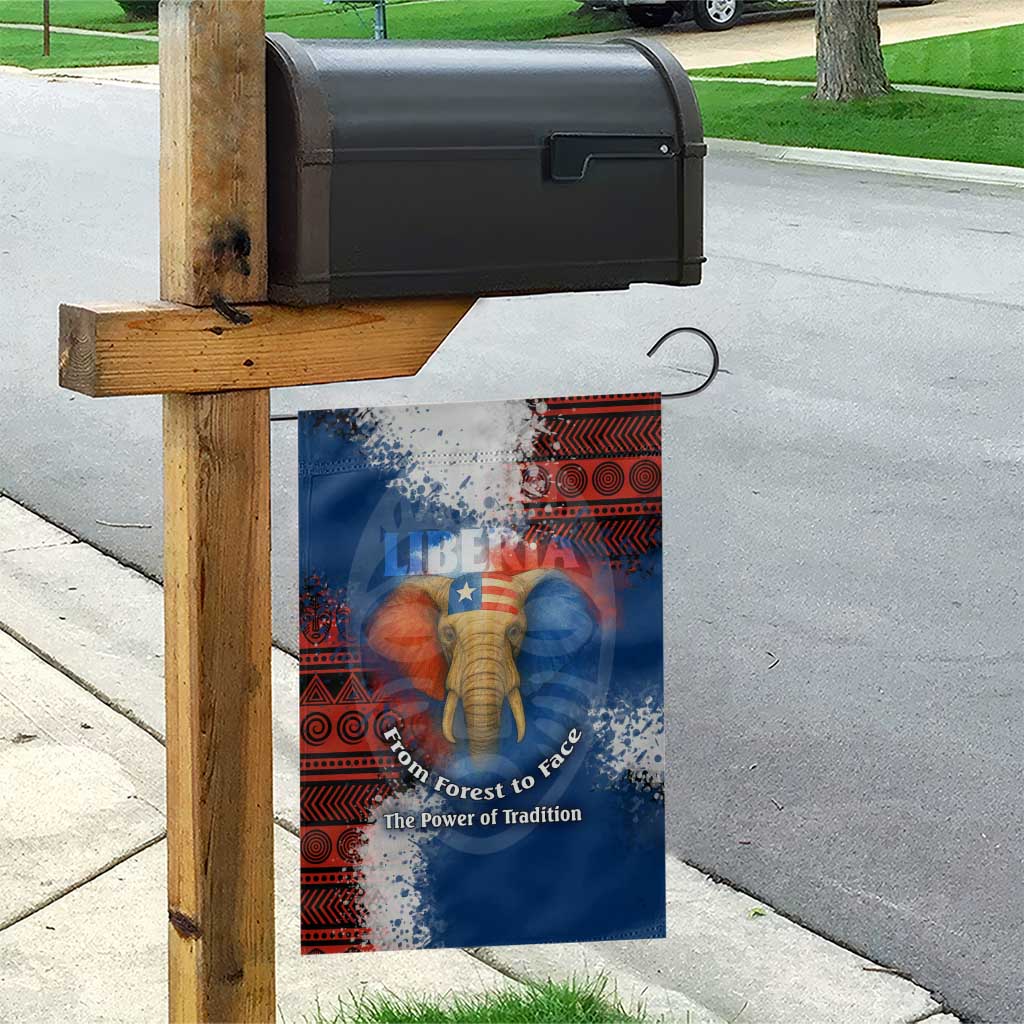 Liberia Elephant Power of Tradition Garden Flag with Tribal Red Blue Splash Pattern