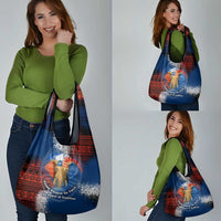 Liberia Elephant Power of Tradition Grocery Bag with Tribal Red Blue Splash Pattern