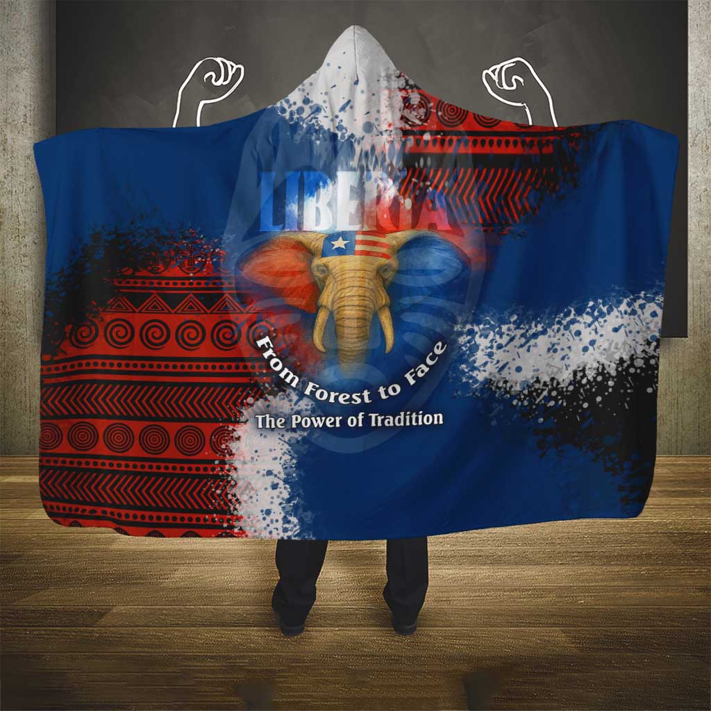 Liberia Elephant Power of Tradition Hooded Blanket with Tribal Red Blue Splash Pattern