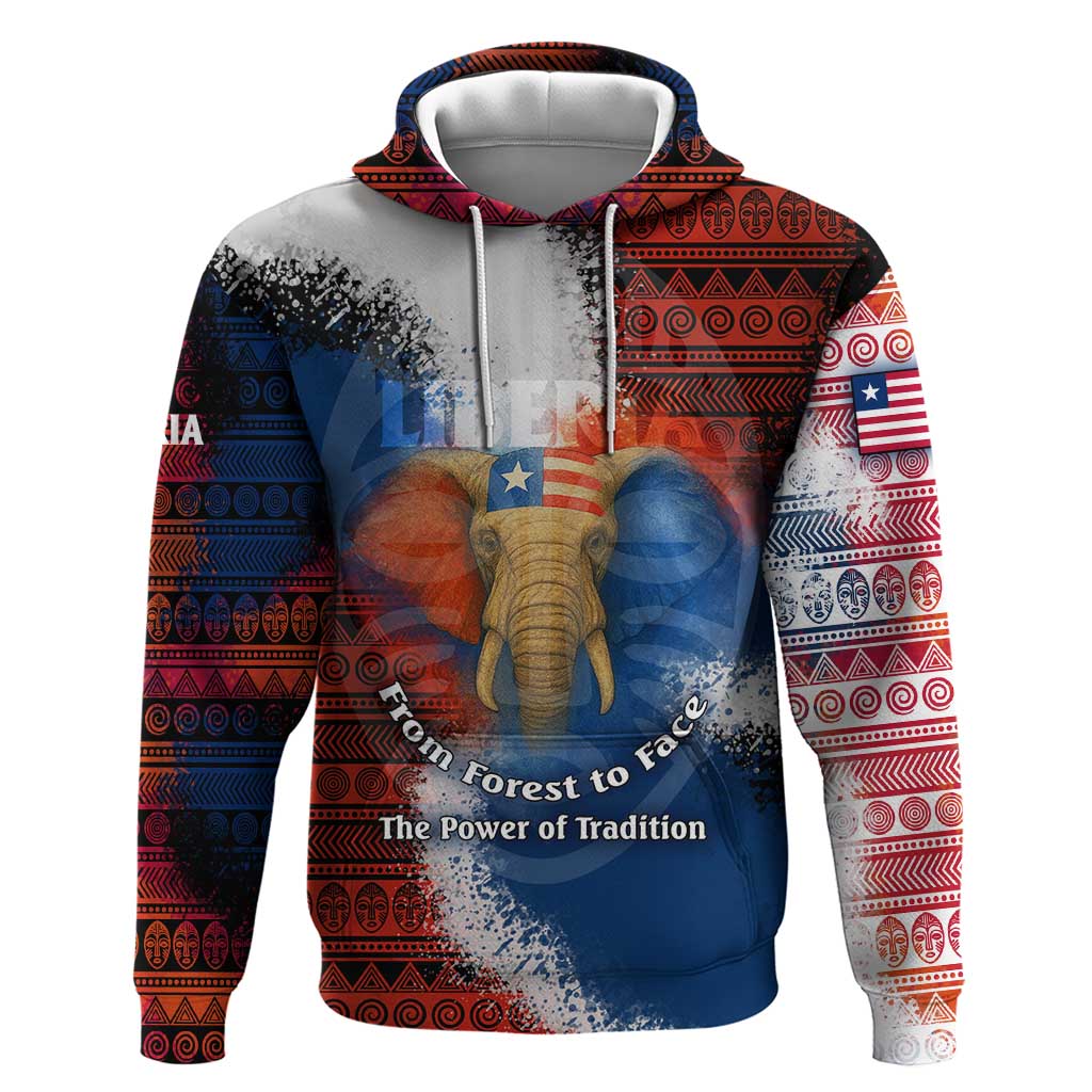 Liberia Elephant Power of Tradition Hoodie with Tribal Red Blue Splash Pattern