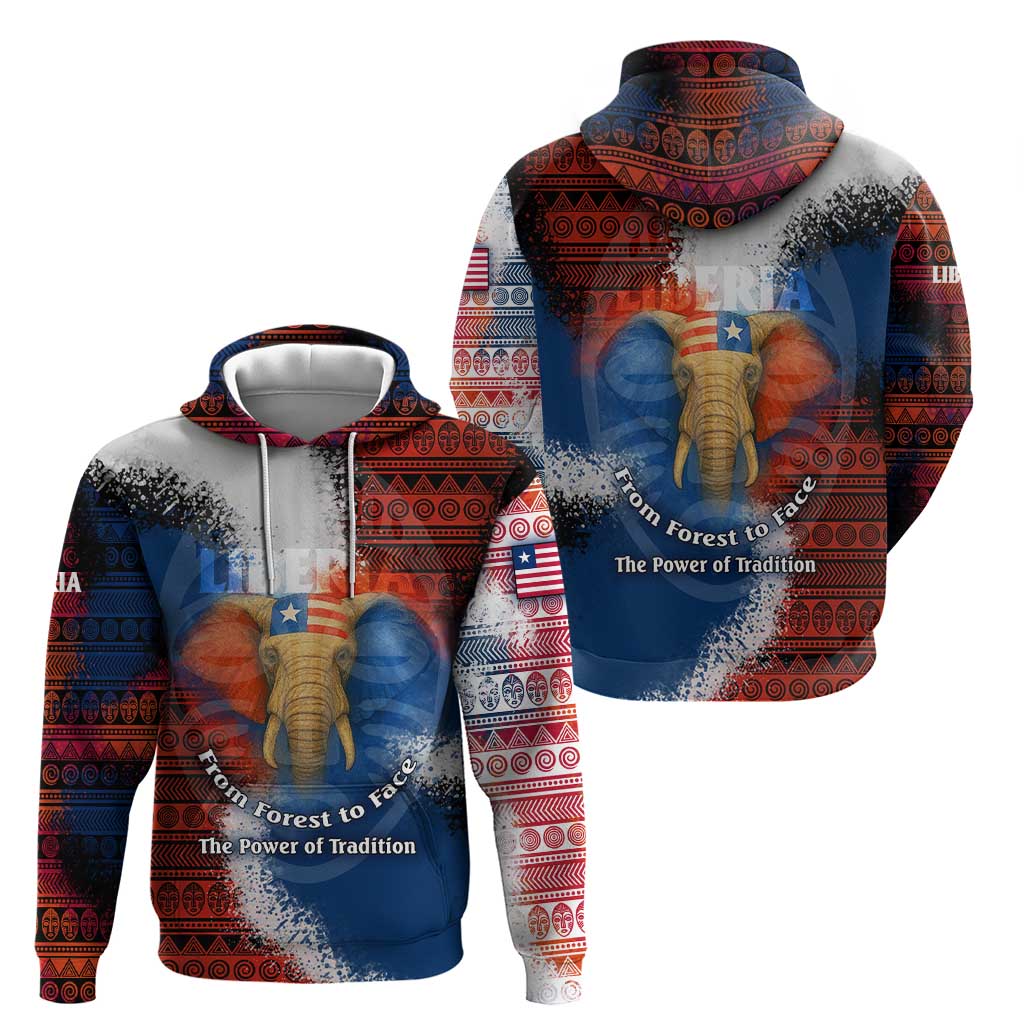 Liberia Elephant Power of Tradition Hoodie with Tribal Red Blue Splash Pattern