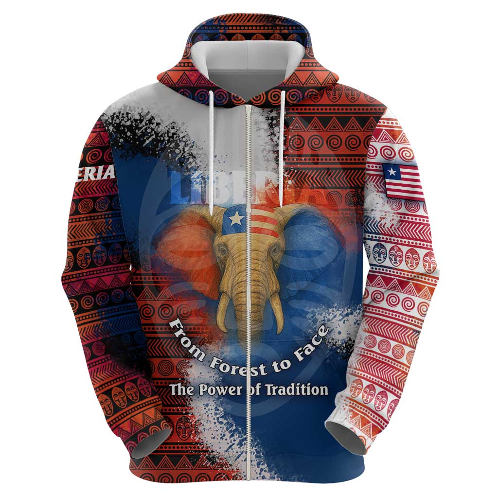 Liberia Elephant Power of Tradition Hoodie with Tribal Red Blue Splash Pattern