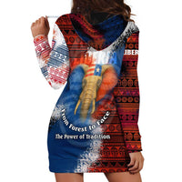 Liberia Elephant Power of Tradition Hoodie Dress with Tribal Red Blue Splash Pattern