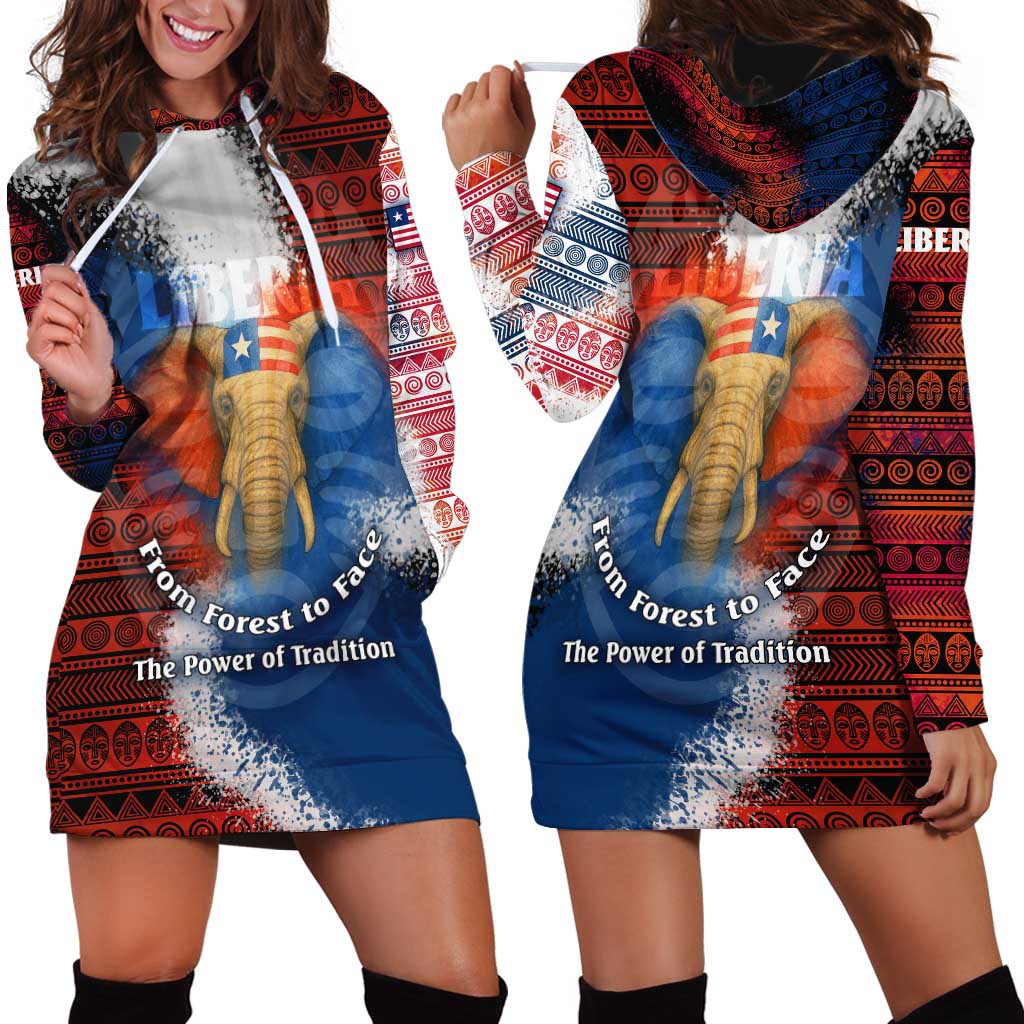 Liberia Elephant Power of Tradition Hoodie Dress with Tribal Red Blue Splash Pattern