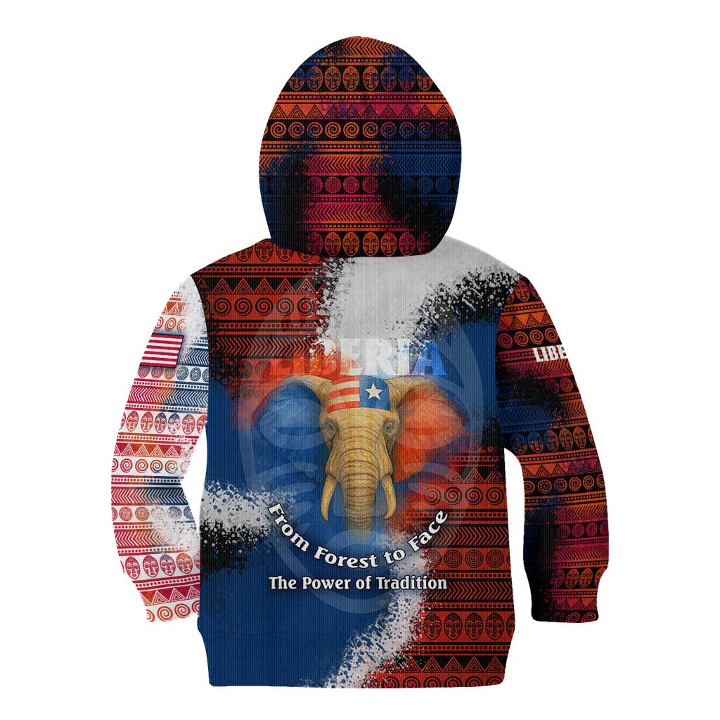 Liberia Elephant Power of Tradition Kid Hoodie with Tribal Red Blue Splash Pattern