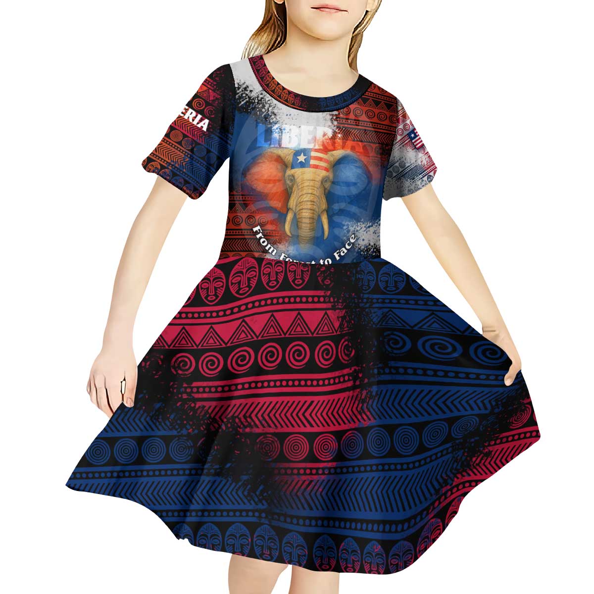 Liberia Elephant Power of Tradition Kid Short Sleeve Dress with Tribal Red Blue Splash Pattern