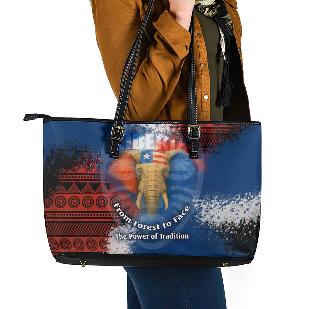 Liberia Elephant Power of Tradition Leather Tote Bag with Tribal Red Blue Splash Pattern