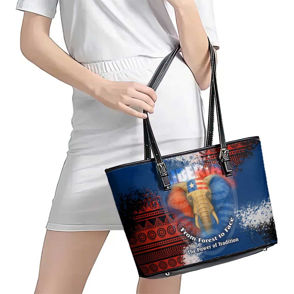 Liberia Elephant Power of Tradition Leather Tote Bag with Tribal Red Blue Splash Pattern